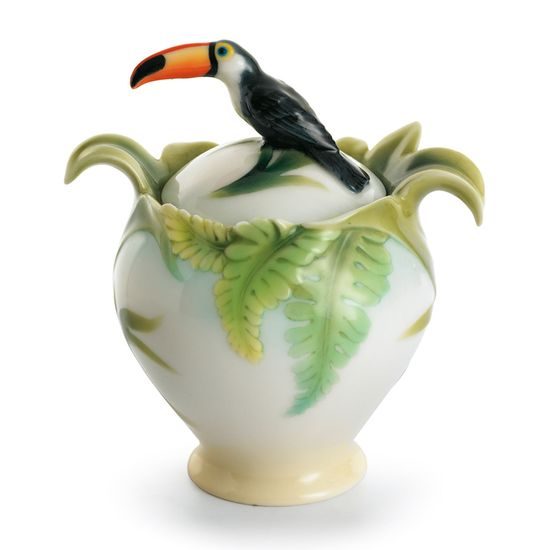 "PARADISE CALLS" TOUCAN DESIGN SCULPTURED PORCELAIN sugar jar w/ cover 12,5 cm, FRANZ porcelain