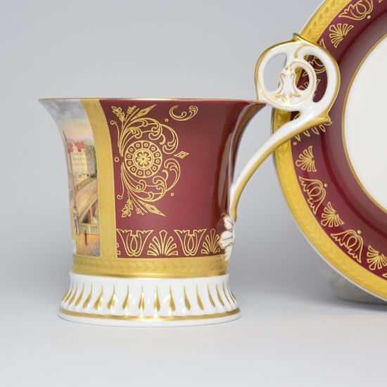 Cup and Saucer Johan, Prague 1901, 200 ml, Gold Etching, hand-painted by Roman Široký, Haas a Czjzek Porcelain