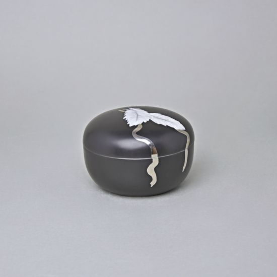 Dóza s pírky a platinovou stuhou, nízká, 7 x 10,3 cm, Černý fond + Platina, Porcelán Duchcov