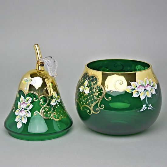 Dose "Pear" round, dark green 28 cm, emanel + gold, Nový Bor glass
