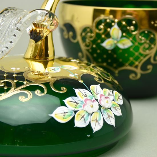 Křišťálová dóza "Jablko" kulatá velká - ZELENÁ, v. 22 cm, zlato + smalt, Jahami Bohemia