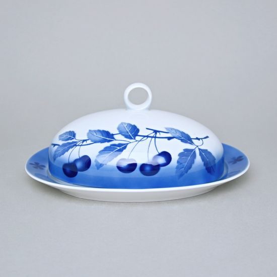 Butter dish oval Cairo 250 g, Thun 1794 Carlsbad porcelain, BLUE CHERRY