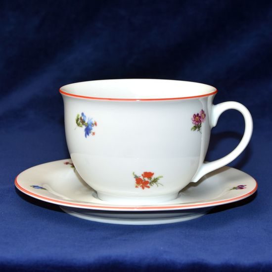 Olga: Šálek 400 ml snídaňový a podšálek 19 cm, házenka s červenou linkou, Český porcelán a.s.