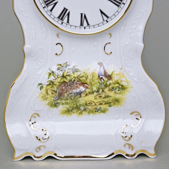 Clock 22 cm, Thun 1794 Carlsbad porcelain, BERNADOTTE hunting