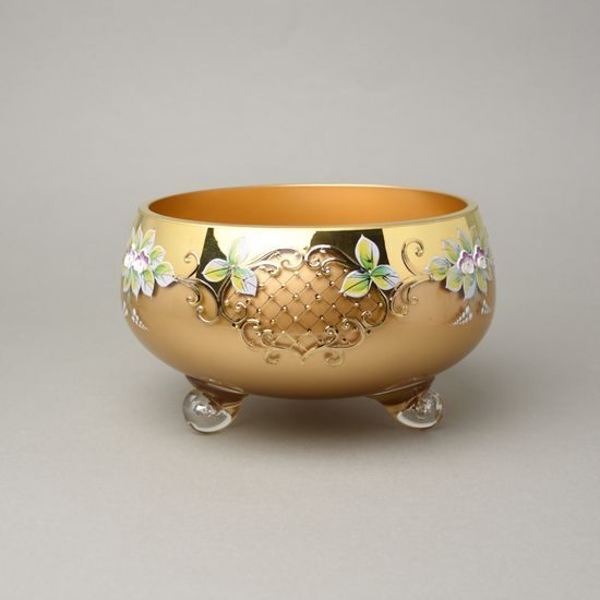 Bowl footed 20 x 11 cm, gold + enamel flowers, Bohemia