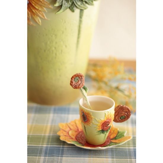 Van Gogh Sunflowers design sculptured porcelain cup and saucer 16 x 9 cm, FRANZ Porcelain