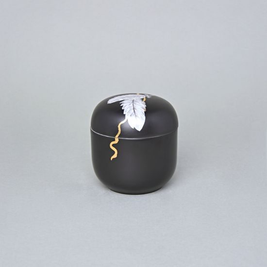 Dóza s pírky a zlatou stuhou 9,5 x 9 cm, Černý fond + zlato, Porcelán Duchcov