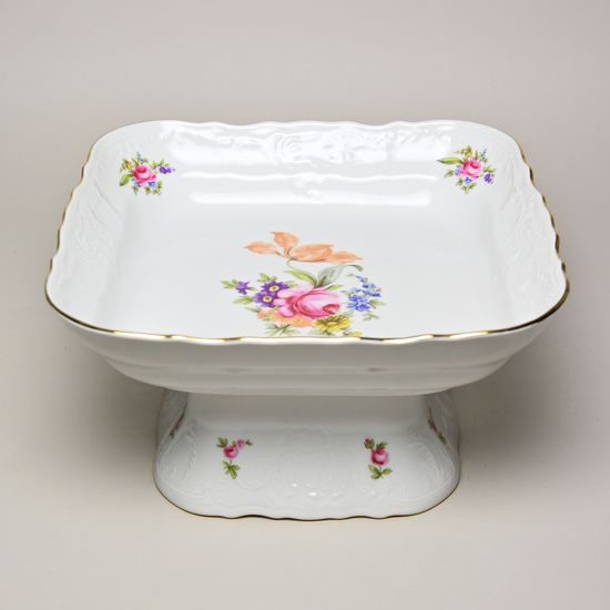 Bowl square 25 cm on stand (h 13 cm), Thun 1794 Carlsbad Porcelain, BERNADOTTE Meissen Rose