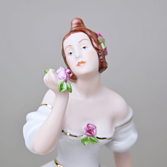 Dívka s kloboukem a růžemi 12 x 14 x 19 cm, Bílá + zlato + saxe, Porcelánové figurky Duchcov