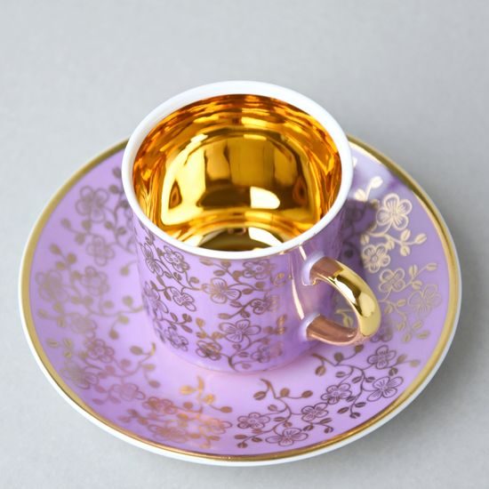 Šálek 100 ml mocca a podšálek 11,5 cm Sabina, vnitřní zlacení, lila, Leander Loučky