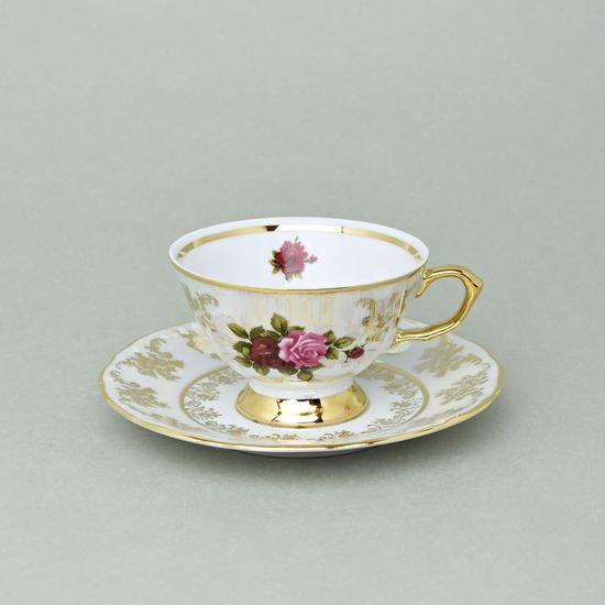 Cup tea 200 ml and saucer, Cecily (Roses) + gold, Carlsbad