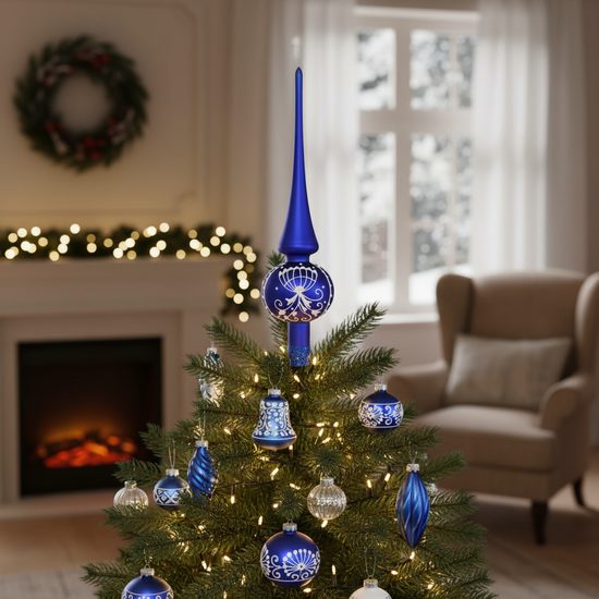 Onion Pattern Christmas Tree Glass Tip d. 7 cm, h. 26-27 cm, Matt Blue, Czech Hand Made Decorations