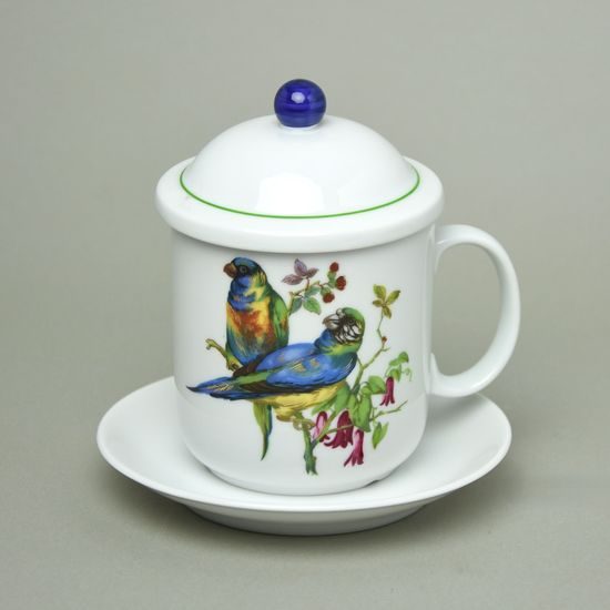 Mug 400 ml with cap and strainer, Birds and butterflies, Atelier Lesov