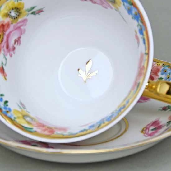 Cup 200 ml And Saucer Aneta, Gold + Flowers, Hand-decorated by Vilém Janoušek, Český porcelán a.s