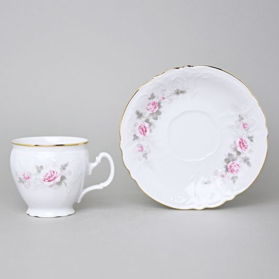 Gold line: Coffee cup and saucer 220 ml / 16 cm, Thun 1794 Carlsbad porcelain, BERNADOTTE roses