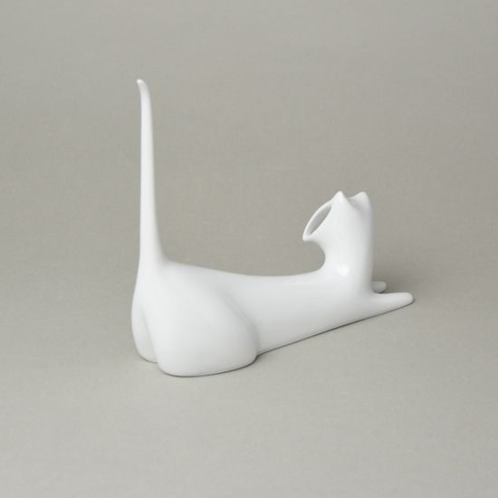 Kočka 19 x 17 (ocas) x 6,5 cm ležící, bílá, Porcelánové figurky Duchcov