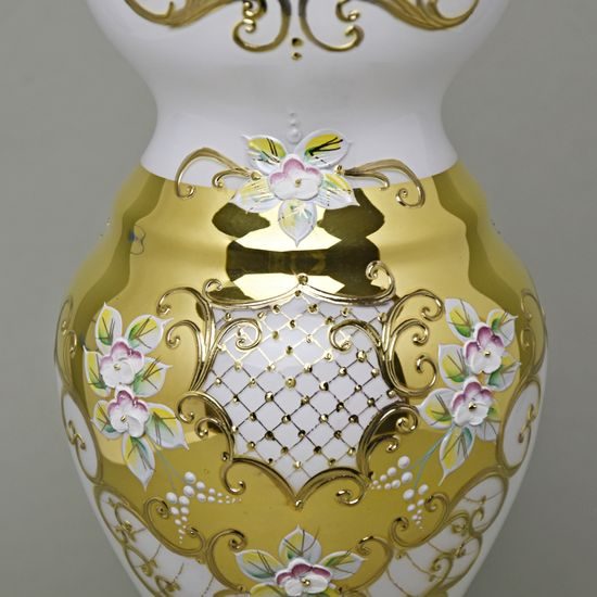 Vase 31 cm, WHITE glass, gold + enamel, Nový Bor glass