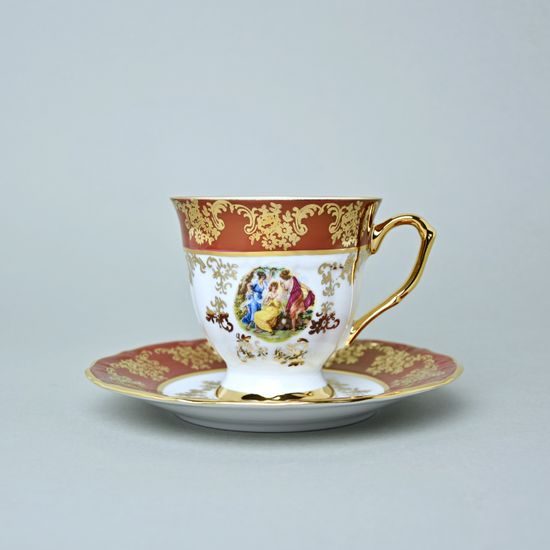 Šálek vysoký 170 ml a podšálek 16 cm kávový, Tři Grácie, zlatý listr + rubín, Marie Tereza Queens Crown