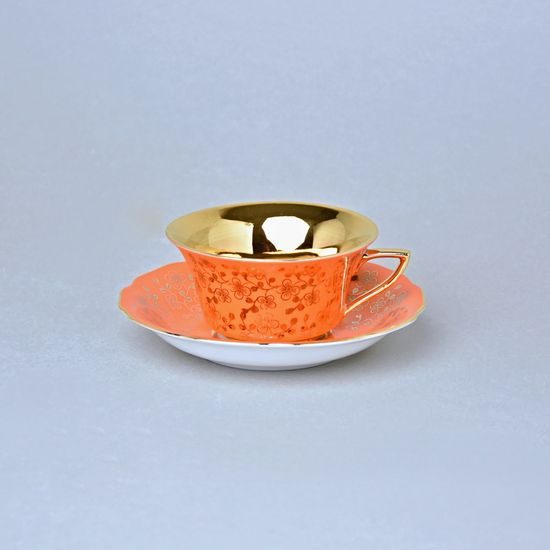 Cup 110 ml for tea + saucer 12,7 cm Windsor, Orange + inside gold, Leander 1907 Loučky