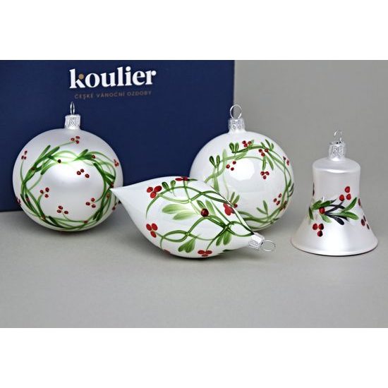 Vánoční skleněné ozdoby 4 ks sada, 7 - 10 cm, Cesmína, České vánoční ozdoby KOULIER