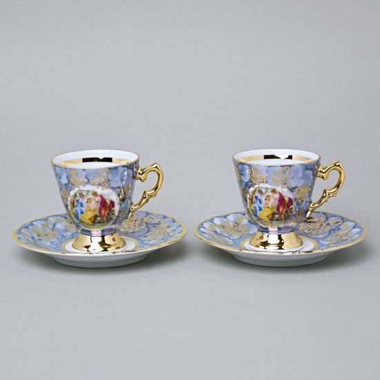 Šálek 80 ml mokka a podšálek 11,5 cm, 2 ks. + krabička, Tři Grácie, bledě modrý listr, Prince porcelain 1925