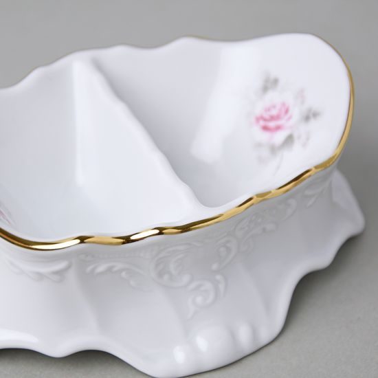 Gold line: Double bowl salt/pepper, Thun 1794 Carlsbad porcelain, BERNADOTTE roses
