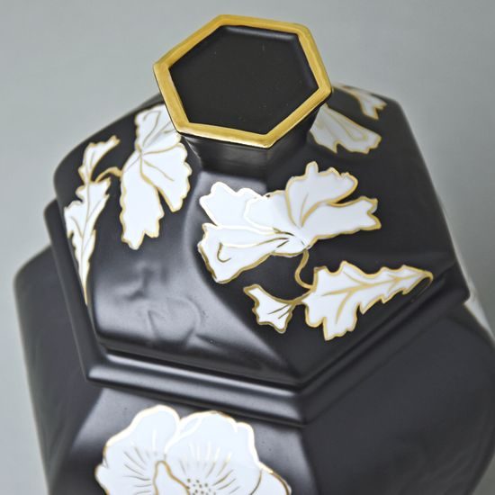 Dóza / Urna šestihran 20 x 14,5 x 13 cm , Černý fond + zlato, Porcelán Duchcov