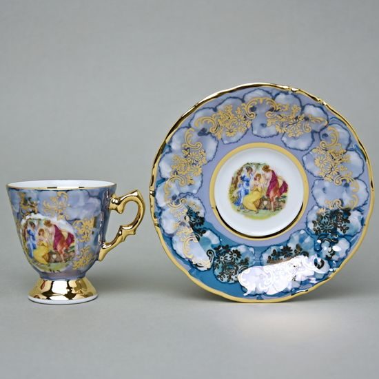Šálek 80 ml mokka a podšálek 11,5 cm, 2 ks. + krabička, Tři Grácie, bledě modrý listr, Prince porcelain 1925