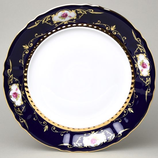 440: Dish round flat 32 cm (club plate), Sonáta, cobalt + roses + gold, Leander Loučky