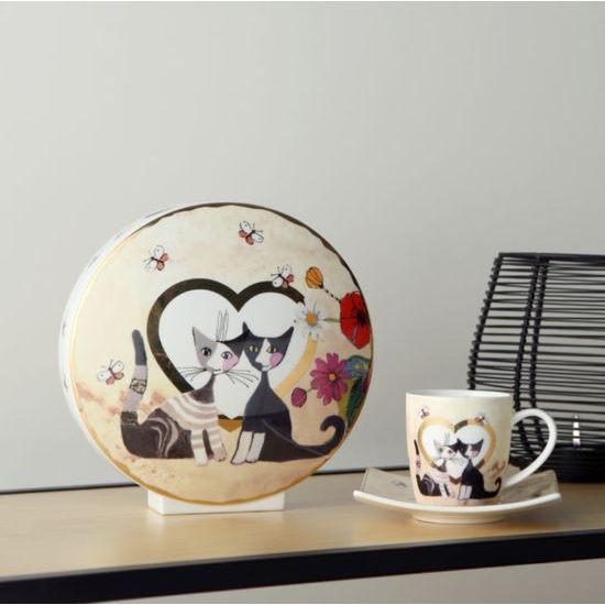 Set of 100 ml espresso cup + saucer + 16 cm vase Innamortaro, cats R. Wachtmeister, fine bone china, Goebel