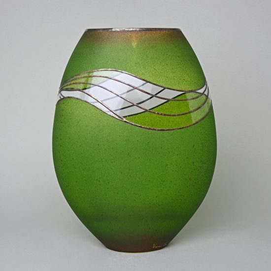 Studio Miracle: Vase Oval, Green-Brown, 30 cm, Hand-decorated by Vlasta Voborníková