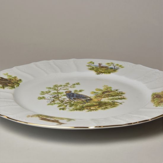 Dish round flat 30 cm (club plate), Thun 1794 Carlsbad porcelain, BERNADOTTE hunting