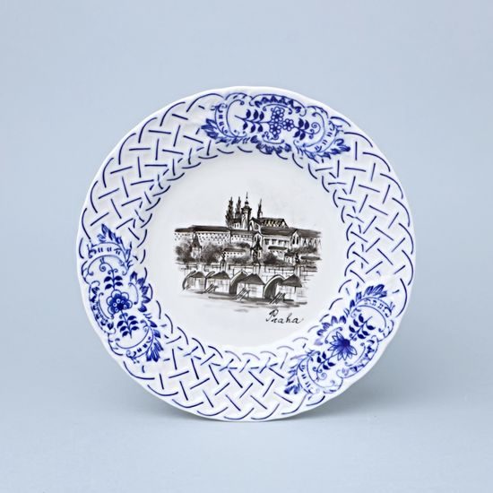 Embossed Plate – Prague Monuments (Black, Random selection), 18 cm, Vilém Janoušek, Original Blue Onion Pattern