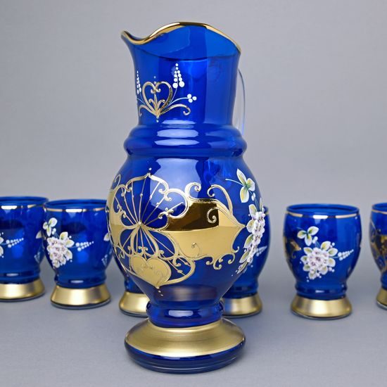 Wine set JANA 7 pcs. BLUE, enamel + gold, Novoborské sklo