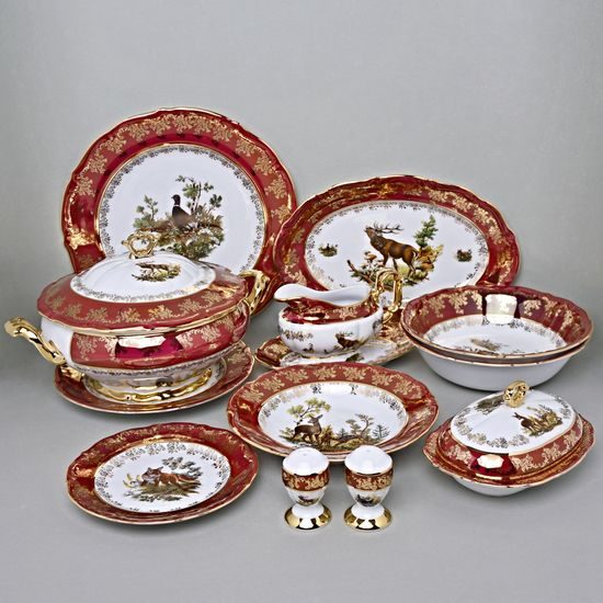 Dinner set for 6 pers., Hunting - ruby, Carlsbad porcelain