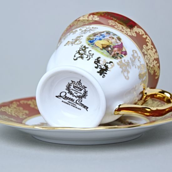 Šálek vysoký 170 ml a podšálek 16 cm kávový, Tři Grácie, zlatý listr + rubín, Marie Tereza Queens Crown