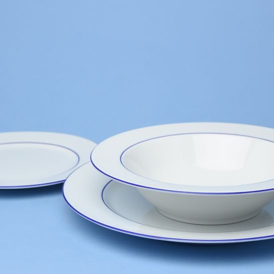 Talířová sada Ella pro 6 osob s objemným hlubokým talířem, modré proužky, Thun 1794, karlovarský porcelán
