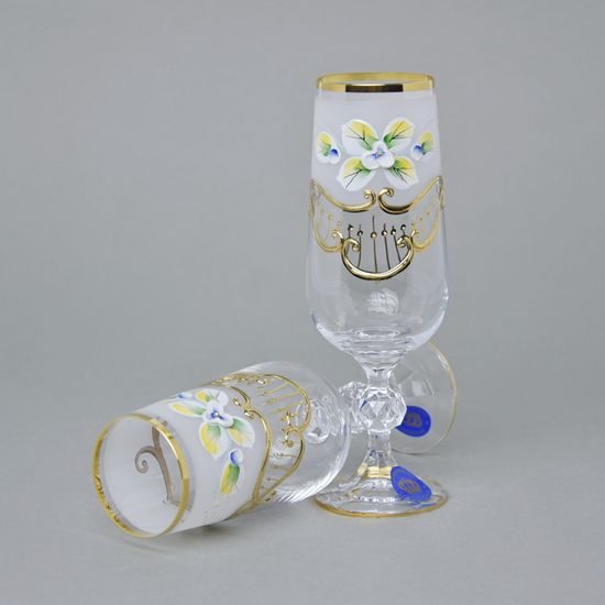 Claudia 180 ml, champagne glass, enamel flowers + gold, Novoborské sklo