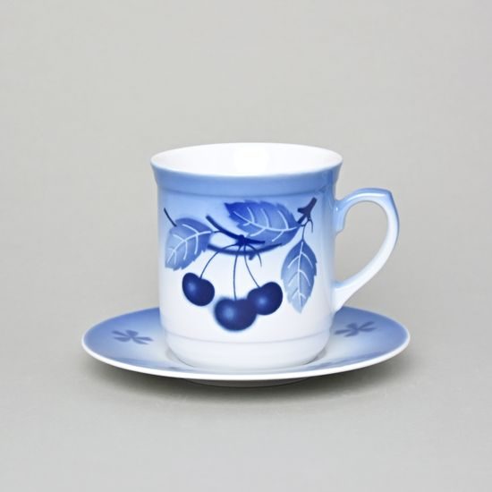 Mug Dan with saucer 0,27 l / 15 cm, Thun 1794 Carlsbad porcelain, BLUE CHERRY
