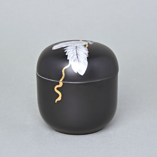 Dóza s pírky a zlatou stuhou 9,5 x 9 cm, Černý fond + zlato, Porcelán Duchcov
