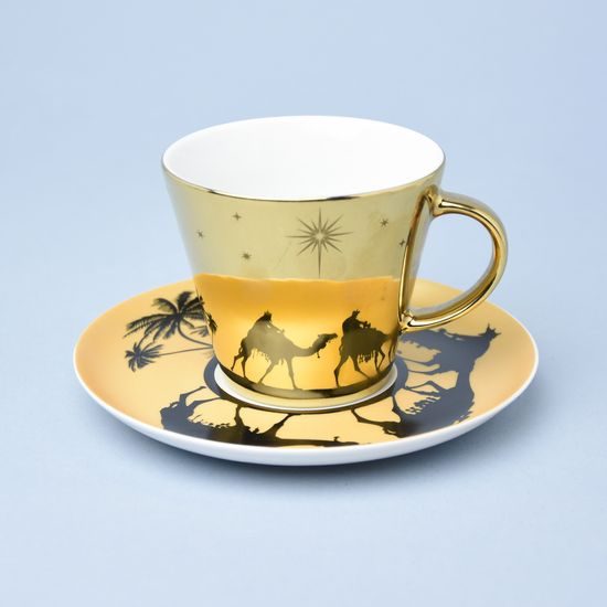 Cup 220 ml and saucer 160 mm, Thun 1794, karlovarský porcelán, TOM gold + black camels and palms