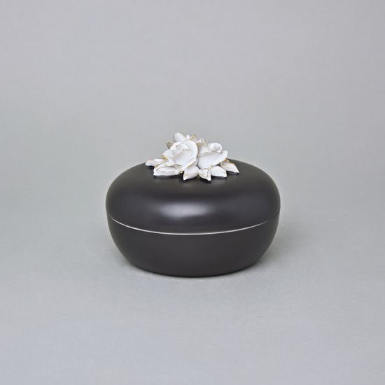 Dóza s růžemi nízká 8 x 11 cm, Černý fond + zlato, Porcelán Duchcov