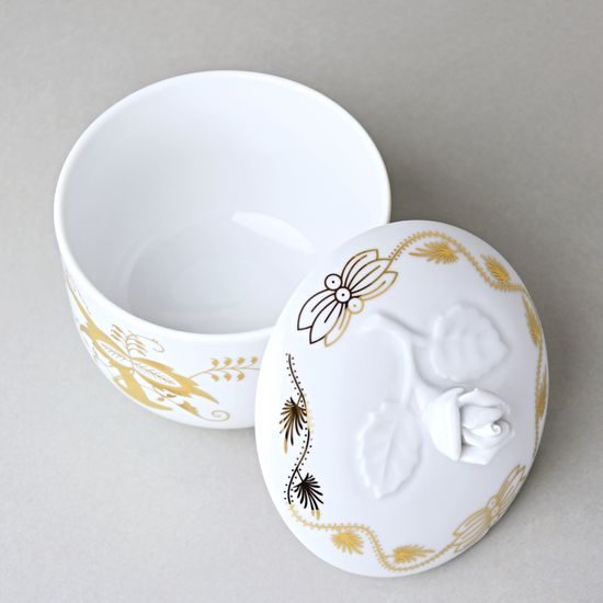 Cukřenka bez oušek s víčkem bez výřezu 200 ml, zlatý Cibulák, Český porcelán z Dubí