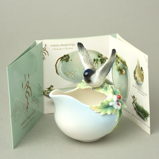 Winter wonderland chickadee design sculptured porcelain creamer h=12cm, FRANZ Porcelain