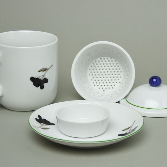 Souprava Adam, hrnek 400 ml s víčkem, sítkem, podšálkem a mističkou, černý bez, Atelier Lesov