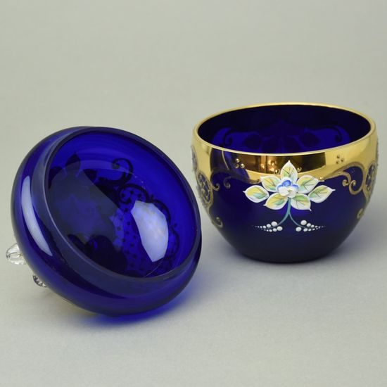 Křišťálová dóza "Jablko" malá, v. 16 cm, MODRÁ, zlato + smalt, Jahami Bohemia