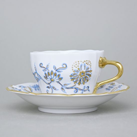 Elegance: Cup 0,21 l + saucer 16 cm, Gold + Blue, Hand-decorated by Vilém Janoušek, Český porcelán a.s