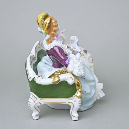 Pejsek na klíně dámy s krajkou 21 x 12 x 16 cm, Kurt Steiner, Porcelánové figurky Unterweissbacher