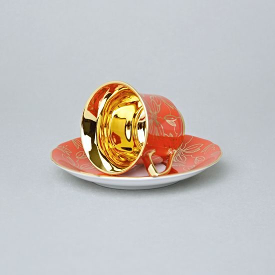 Cup 80 ml and Saucer mokka Windsor, Orange + Golden flowers, Leander 1907 Loučky