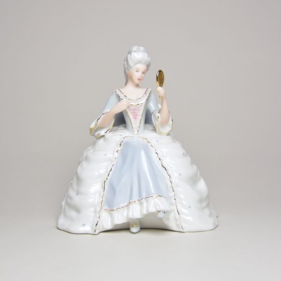Lady sitting with mirror rococo 12 x 14 x 15 cm, Porcelain Figures Duchcov
